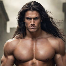 A fantasy image of a strong, muscular 25-year-old man with long dark hair, dark eyes, and tanned skin.