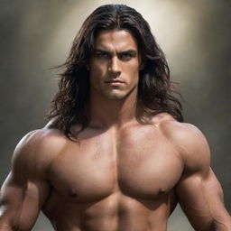 A fantasy image of a strong, muscular 25-year-old man with long dark hair, dark eyes, and tanned skin.