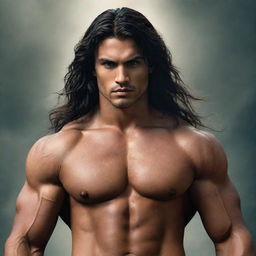 A fantasy image of a strong, muscular 25-year-old man with long dark hair, dark eyes, and tanned skin.