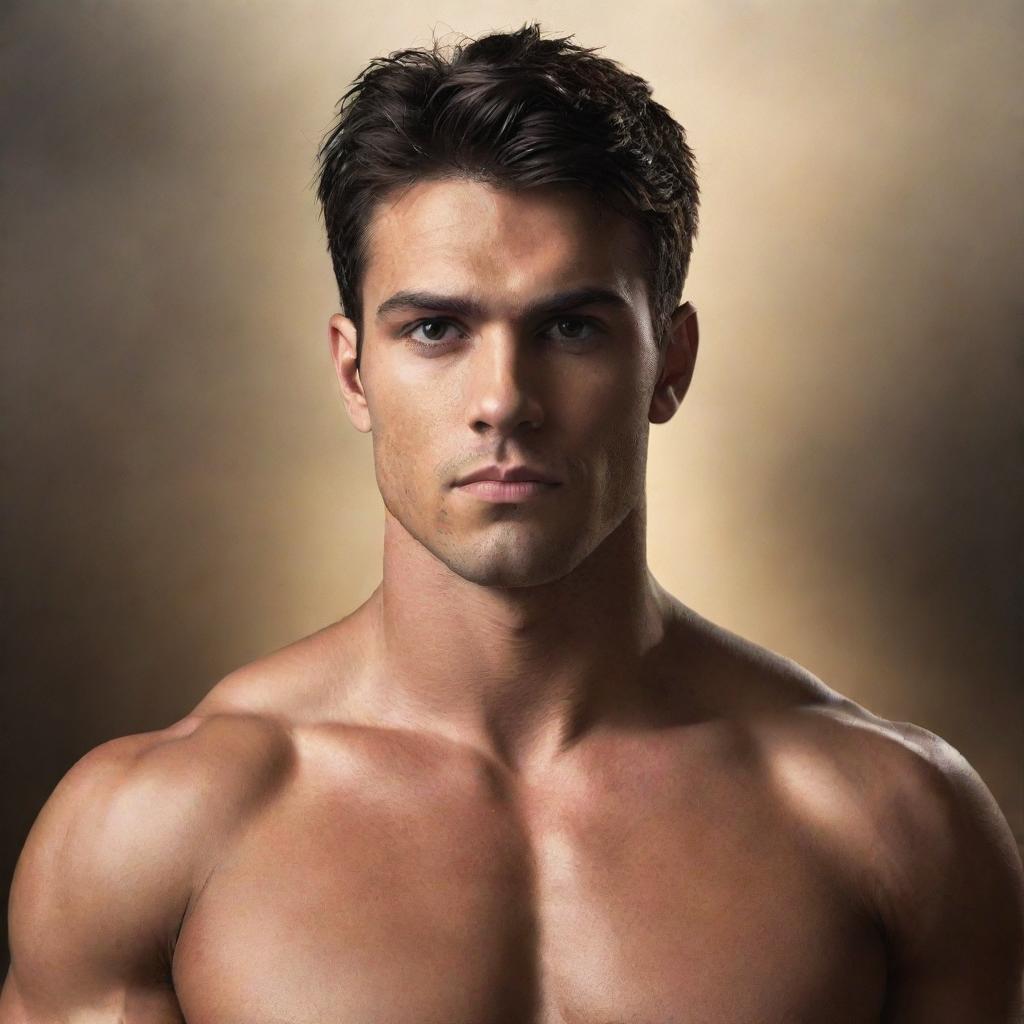 Create a fantasy-themed image of a muscular, 25-year-old man with dark hair resting on his shoulders, dark eyes, and tanned skin.