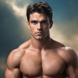 Create a fantasy-themed image of a muscular, 25-year-old man with dark hair resting on his shoulders, dark eyes, and tanned skin.