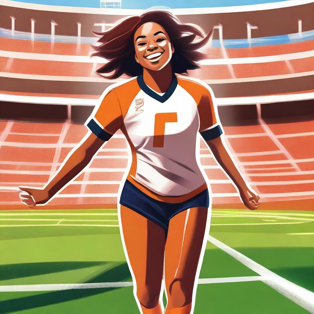 A vibrant digital art image portrays a woman with caramel skin, dressed in football gear, number seven on her jersey