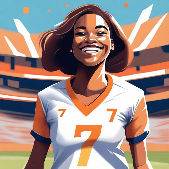 A vibrant digital art image portrays a woman with caramel skin, dressed in football gear, number seven on her jersey