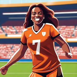 A vibrant digital art image portrays a woman with caramel skin, dressed in football gear, number seven on her jersey