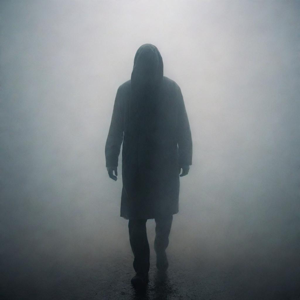 A mysterious man shrouded in a thick, swirling fog under a dim, ambient light