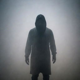 A mysterious man shrouded in a thick, swirling fog under a dim, ambient light