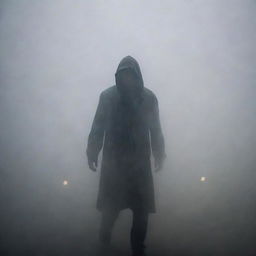 A mysterious man shrouded in a thick, swirling fog under a dim, ambient light