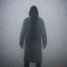 A mysterious man shrouded in a thick, swirling fog under a dim, ambient light