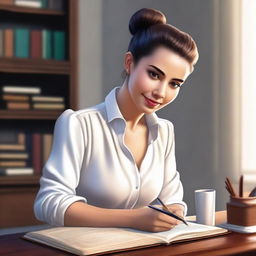 A high-quality digital art image portrays a woman seated behind a desk, autographing her books