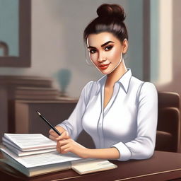 A high-quality digital art image portrays a woman seated behind a desk, autographing her books