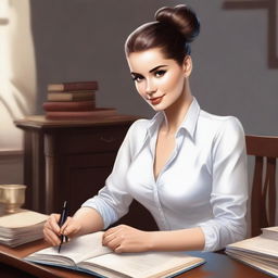 A high-quality digital art image portrays a woman seated behind a desk, autographing her books