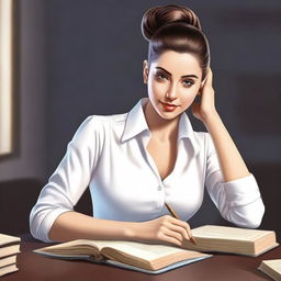 A high-quality digital art image portrays a woman seated behind a desk, autographing her books