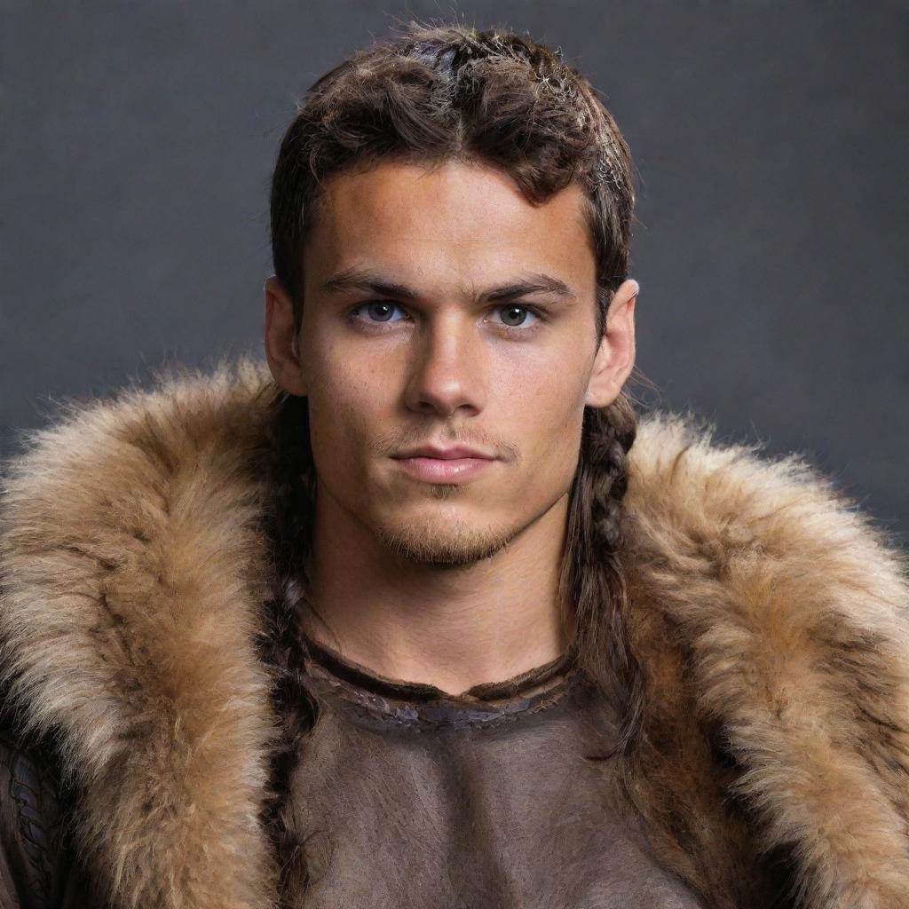 A robust, 25-year-old youth with dark hair, dark eyes, and tanned skin, dressed in Viking tribal attire made of leather and fur