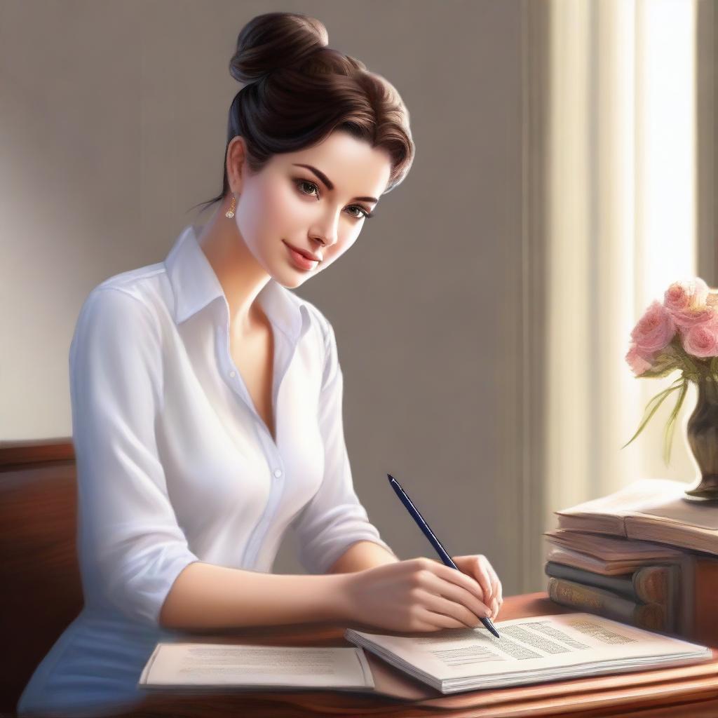 An exquisite digital art image illustrates a brunette woman seated behind a desk, autographing her books