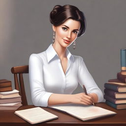 An exquisite digital art image illustrates a brunette woman seated behind a desk, autographing her books