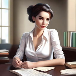 An exquisite digital art image illustrates a brunette woman seated behind a desk, autographing her books