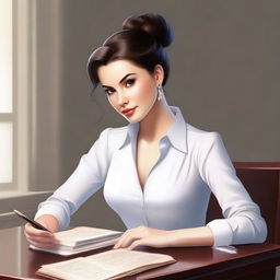 An exquisite digital art image illustrates a brunette woman seated behind a desk, autographing her books