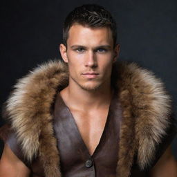 A robust, 25-year-old youth with dark hair, dark eyes, and tanned skin, dressed in Viking tribal attire made of leather and fur