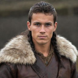 A robust, 25-year-old youth with dark hair, dark eyes, and tanned skin, dressed in Viking tribal attire made of leather and fur