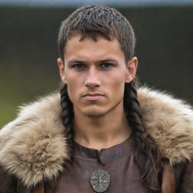 A robust, 25-year-old youth with dark hair, dark eyes, and tanned skin, dressed in Viking tribal attire made of leather and fur