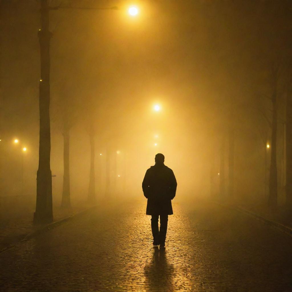 A lone man obscured by dense fog under the glow of yellow street lights.