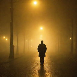 A lone man obscured by dense fog under the glow of yellow street lights.