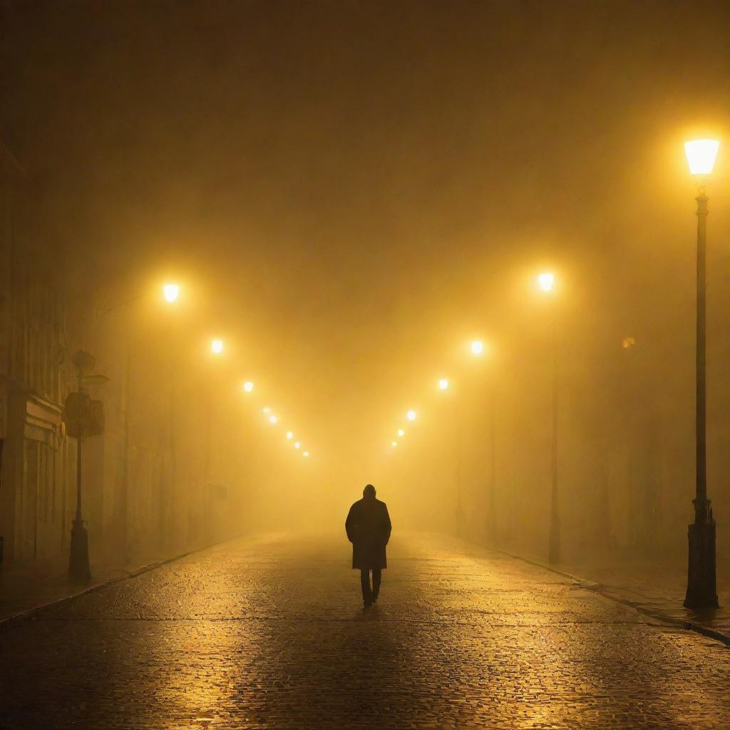 A lone man obscured by dense fog under the glow of yellow street lights.