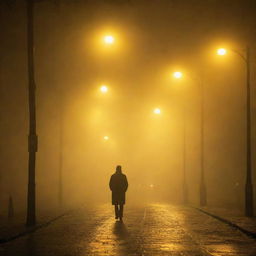 A lone man obscured by dense fog under the glow of yellow street lights.