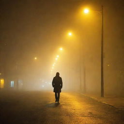 A lone man obscured by dense fog under the glow of yellow street lights.