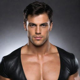 Generate a fantasy image of a muscular, 25-year-old young man with dark hair, dark eyes, and tanned skin. He is wearing black leather attire.