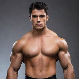 Generate a fantasy image of a muscular, 25-year-old young man with dark hair, dark eyes, and tanned skin. He is wearing black leather attire.