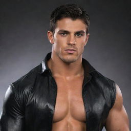 Generate a fantasy image of a muscular, 25-year-old young man with dark hair, dark eyes, and tanned skin. He is wearing black leather attire.