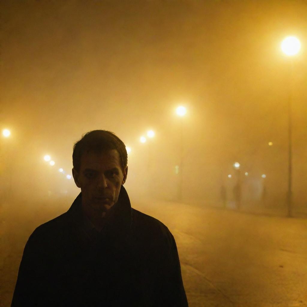 Close-up view of a lone man obscured by dense fog under the glow of yellow street lights.