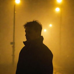 Close-up view of a lone man obscured by dense fog under the glow of yellow street lights.