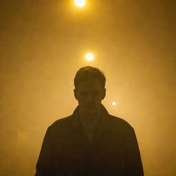 Close-up view of a lone man obscured by dense fog under the glow of yellow street lights.