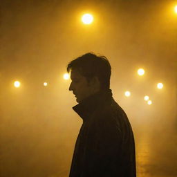 Close-up view of a lone man obscured by dense fog under the glow of yellow street lights.