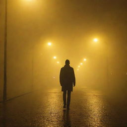 Zoomed out view of a lone man obscured by dense fog under the glow of yellow street lights.