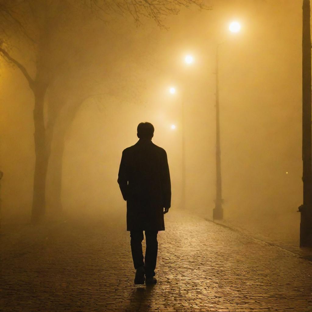 Zoomed out view of a lone man obscured by dense fog under the glow of yellow street lights.