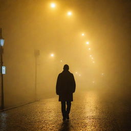 Zoomed out view of a lone man obscured by dense fog under the glow of yellow street lights.