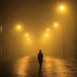 Zoomed out view of a lone man obscured by dense fog under the glow of yellow street lights.