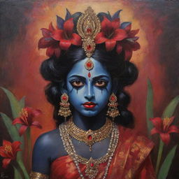 A poignant portrayal of the young Indian goddess Kali, with her dark skin complemented by intensely red irises, embodying a mix of divine power and childlike innocence, adorned in traditional attire, amidst an ethereal spiritual surrounding.