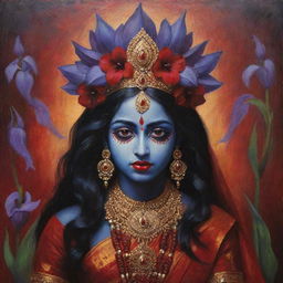 A poignant portrayal of the young Indian goddess Kali, with her dark skin complemented by intensely red irises, embodying a mix of divine power and childlike innocence, adorned in traditional attire, amidst an ethereal spiritual surrounding.