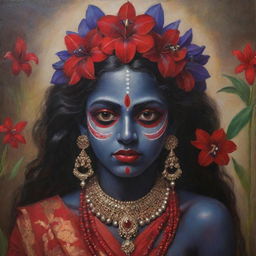 A poignant portrayal of the young Indian goddess Kali, with her dark skin complemented by intensely red irises, embodying a mix of divine power and childlike innocence, adorned in traditional attire, amidst an ethereal spiritual surrounding.