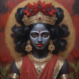 A poignant portrayal of the young Indian goddess Kali, with her dark skin complemented by intensely red irises, embodying a mix of divine power and childlike innocence, adorned in traditional attire, amidst an ethereal spiritual surrounding.