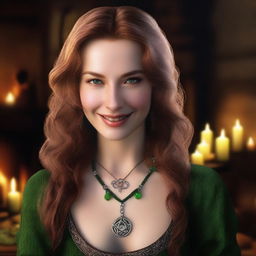 A photorealistic image of an enchanting 25-year-old Caucasian woman with light brown hair and green eyes