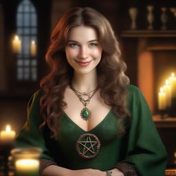 A photorealistic image of an enchanting 25-year-old Caucasian woman with light brown hair and green eyes