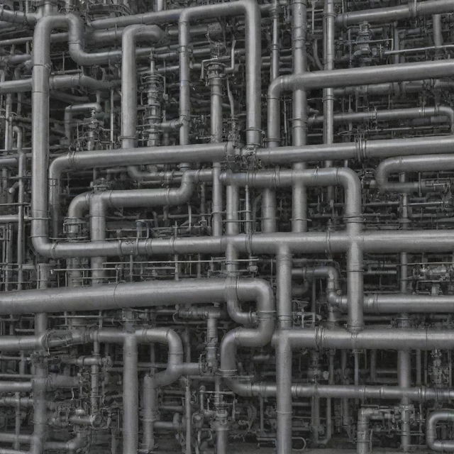 An intricate depiction of various elements integral to chemical engineering such as complex pipelines, chemical reactions, and intricate machinery.