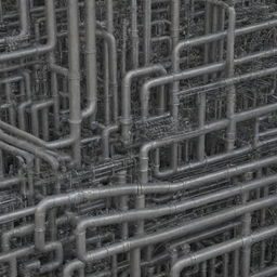 An intricate depiction of various elements integral to chemical engineering such as complex pipelines, chemical reactions, and intricate machinery.