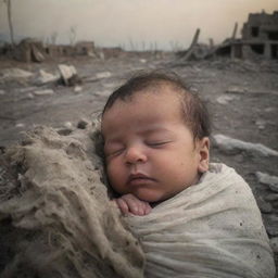 A heartbreaking yet hopeful image of a newborn named Ghaith, softly sleeping, overlaid with faded memories of a destroyed homeland in the background, depicting the strength of new life amidst struggle.