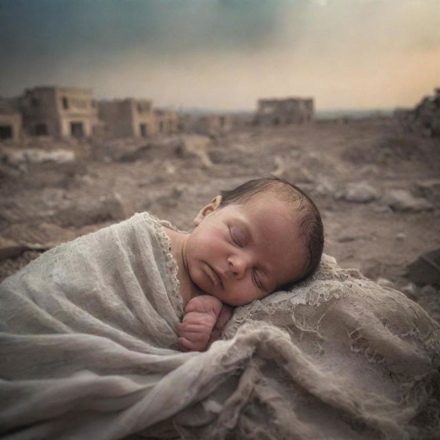 A heartbreaking yet hopeful image of a newborn named Ghaith, softly sleeping, overlaid with faded memories of a destroyed homeland in the background, depicting the strength of new life amidst struggle.